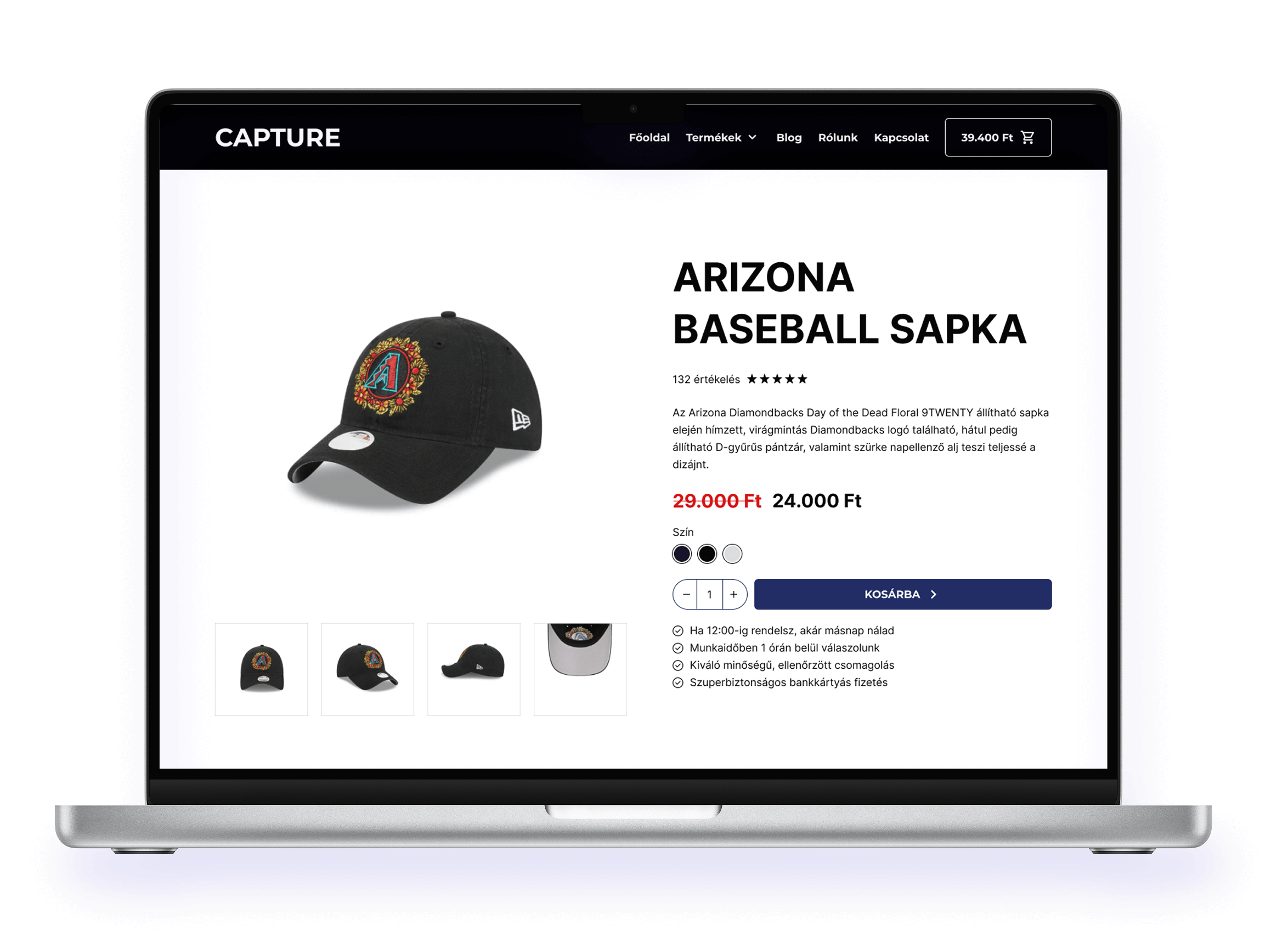 A képen egy baseball sapka webáruház weboldala szerepel