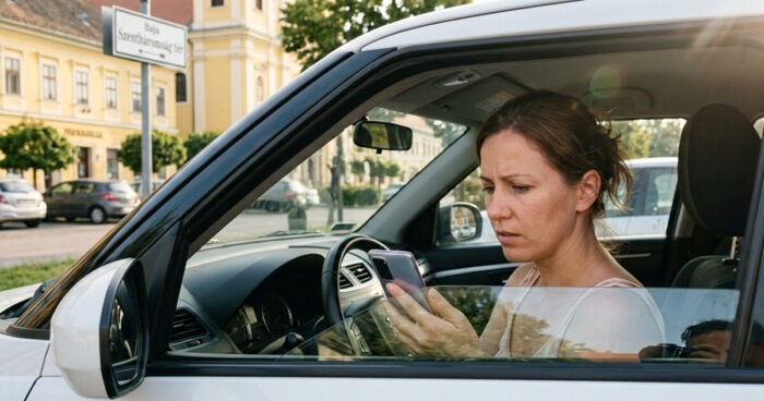 Egy nő a Szentháromságtéren Baján a telefonjában épp fogorvost keres