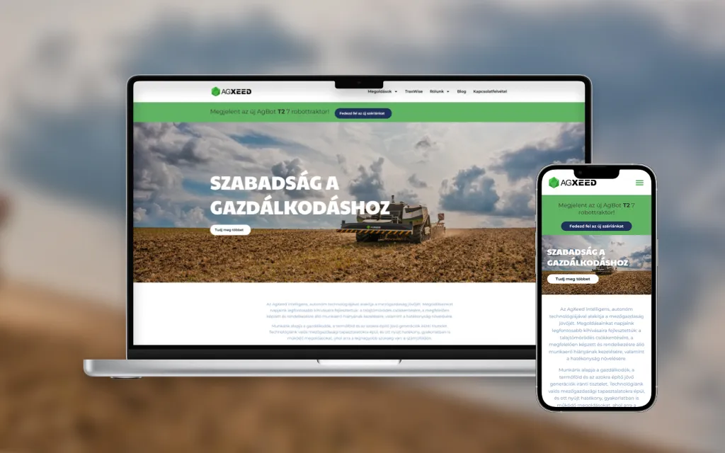 AgBot robottraktorokat bemutató forgalmazói weboldal nyitóoldala – weboldalkészítés referencia
